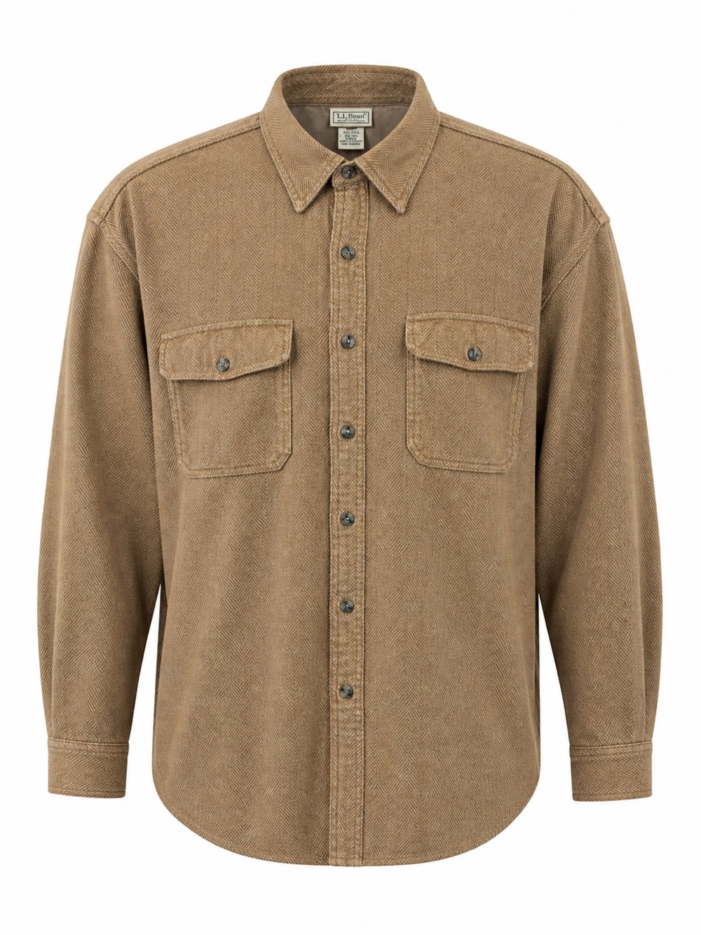 L.L. Bean Men’s XXL Tall Herringbone Button-Up Shirt Tan Cotton Outdoor Workwear - Picture 2 of 7